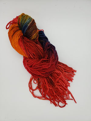Textured Wool Strands - SETTING SUN - Hand Dyed 100% Silk Yarn OOAK - Shades of Orange/Red/Blue