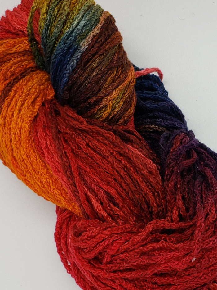 Textured Wool Strands - SETTING SUN - Hand Dyed 100% Silk Yarn OOAK - Shades of Orange/Red/Blue