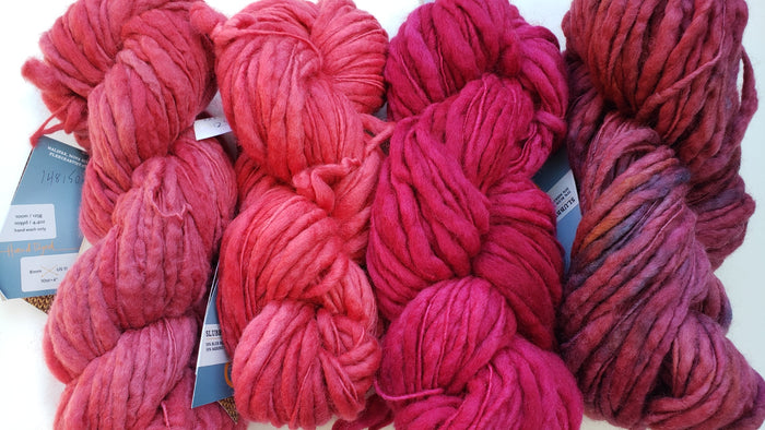 Slubby - SUMMER ROSES -  Merino/Blue Face Leicester - OOAK Hand Dyed Textured Yarn Thick and Thin - 4 x 30gr