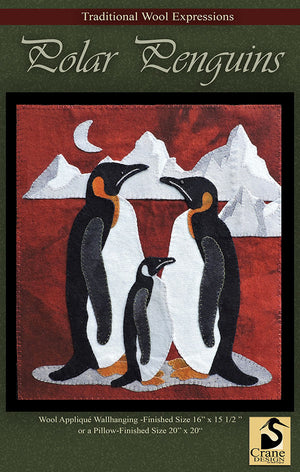 POLAR PENGUINS - Crane Designs Wool Applique Pattern - Wallhanging or Pillow