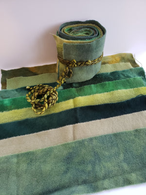 FIELD GREENS - Wool Jelly Roll Bundle - Hand Dyed Fabric - 100% Wool for Rug Hooking & Wool Applique - RSS266