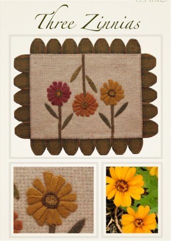 Three Zinnias Wool Applique Pattern - Wall Hanging or Table Runner