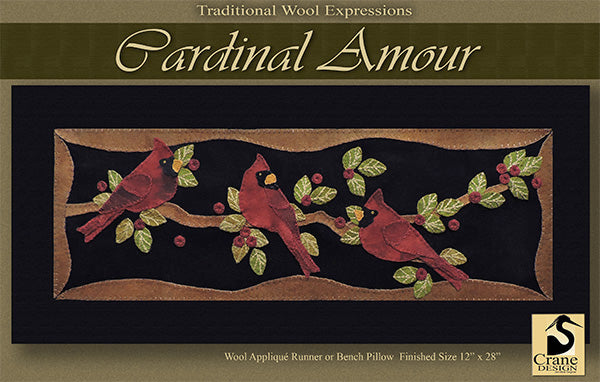 Cardinal Amour - Wool Applique Pattern - Table Runner/Bench Pillow