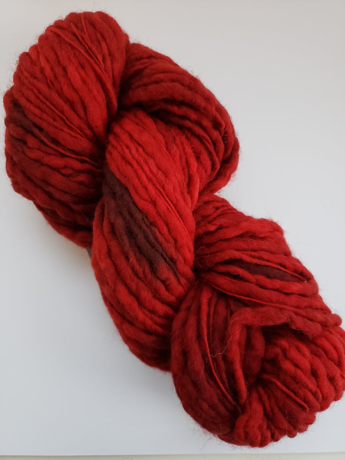 Slubby - RED VELVET  -  Merino/Blue Face Leicester - OOAK Hand Dyed Textured Yarn Thick and Thin  - Shades of Red