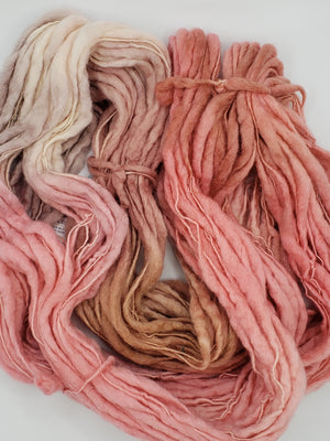 Slubby - ROSE GOLD -  Merino/Blue Face Leicester - Hand Dyed Textured Yarn Thick and Thin  - Shades of Pink and Gold