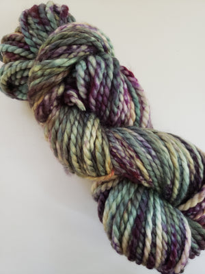 FALL HYDRANGEA - BIG TWISTY 2 PLY -  Hand Dyed Shades of Purple, Green, Yellow and Cream Chunky Yarn for Rug Hooking - RSS253
